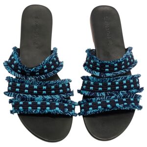 NEW Limited Edition Rothy’s Triple Band Teal Navy Blue Fringe Sandals Size 8.5